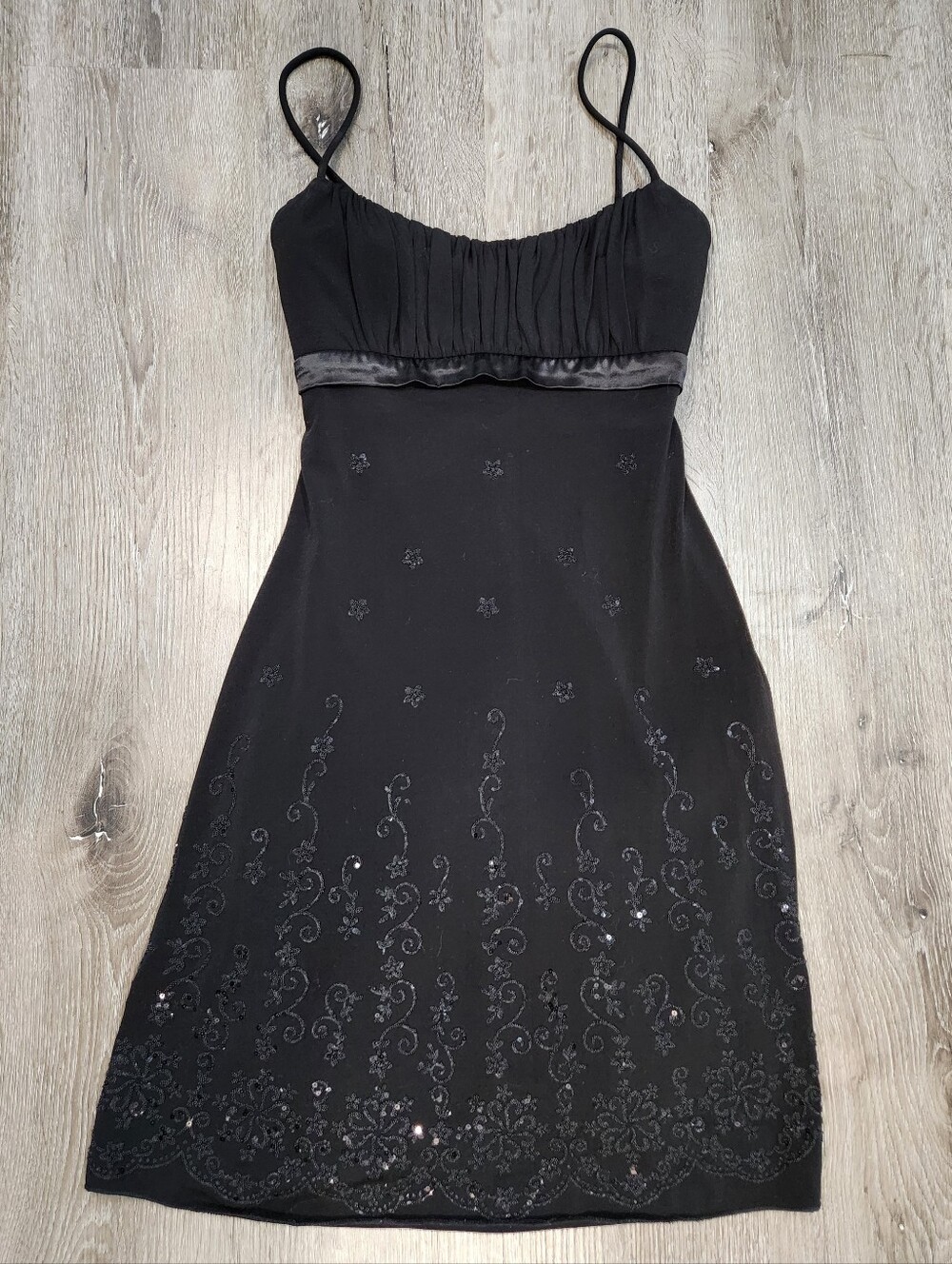 90s Ruby Rox Black Beaded Babydoll Spaghetti-Strap Mini Dress Size Med